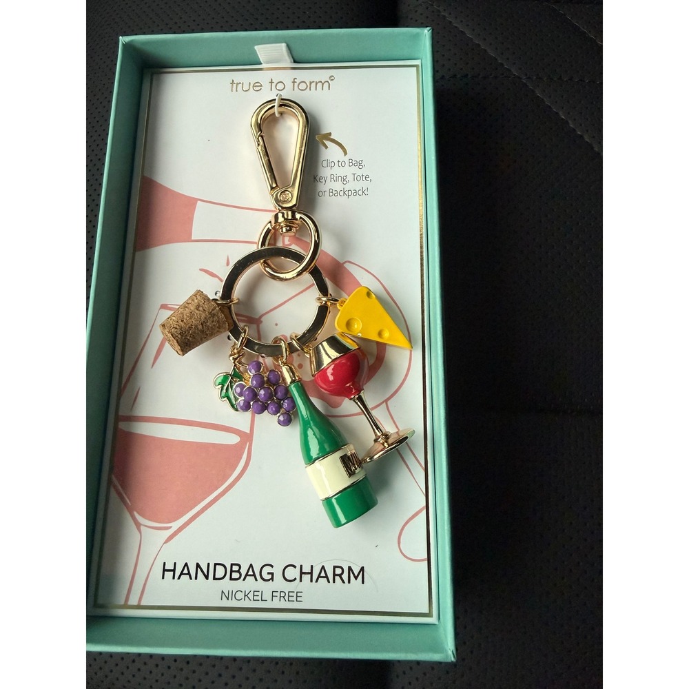 True‎ To Form Wine and Cheese Handbag Charm Gold Tone Keychain New in Box